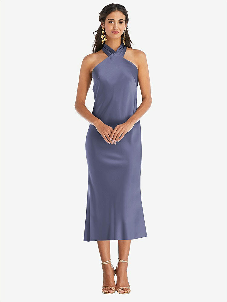 【STYLE: LB026】Draped Twist Halter Tie-Back Midi Dress - Paloma【COLOR: French Blue】