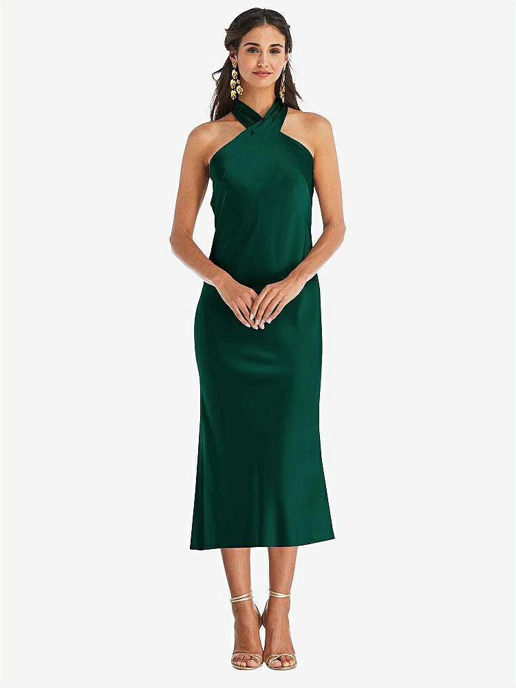 【STYLE: LB026】Draped Twist Halter Tie-Back Midi Dress - Paloma【COLOR: Hunter Green】