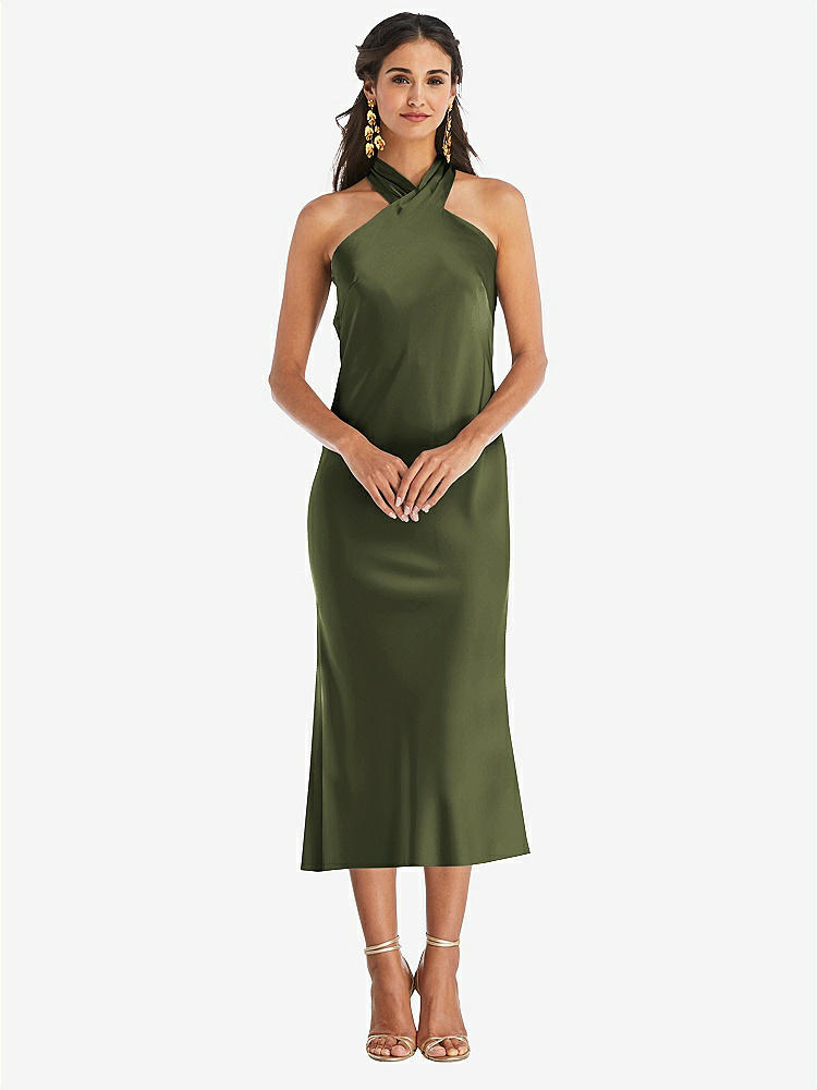 【STYLE: LB026】Draped Twist Halter Tie-Back Midi Dress - Paloma【COLOR: Olive Green】