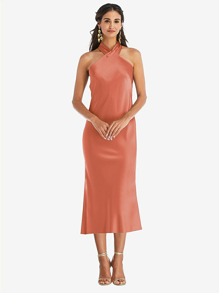 【STYLE: LB026】Draped Twist Halter Tie-Back Midi Dress - Paloma【COLOR: Terracotta Copper】