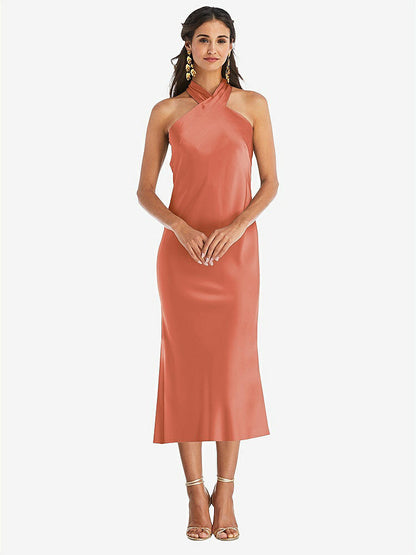 【STYLE: LB026】Draped Twist Halter Tie-Back Midi Dress - Paloma【COLOR: Terracotta Copper】