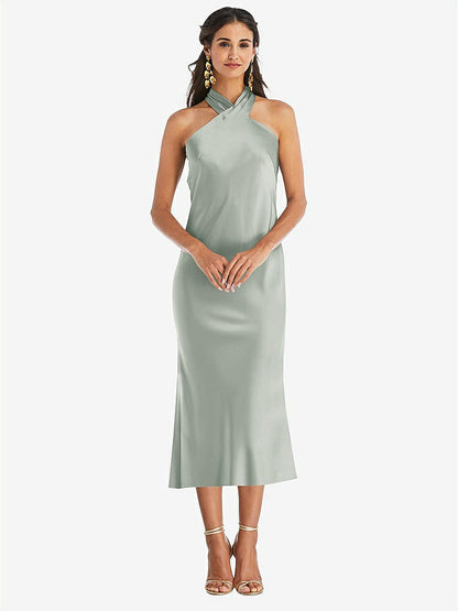 【STYLE: LB026】Draped Twist Halter Tie-Back Midi Dress - Paloma【COLOR: Willow Green】