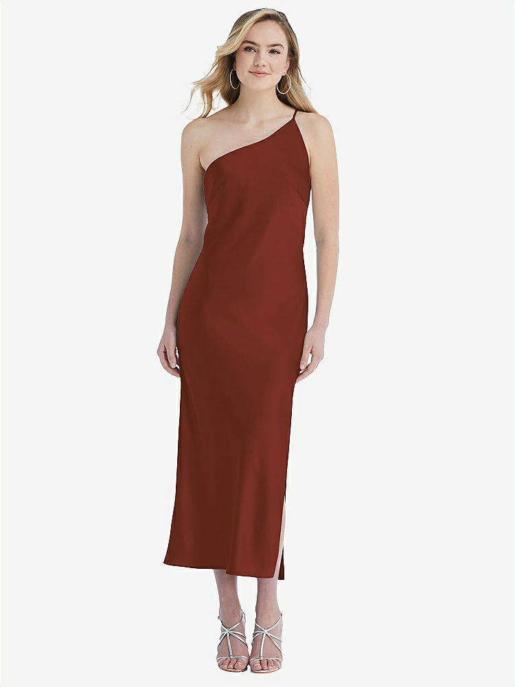 【STYLE: 8202】One-Shoulder Asymmetrical Midi Slip Dress【COLOR: Auburn Moon】