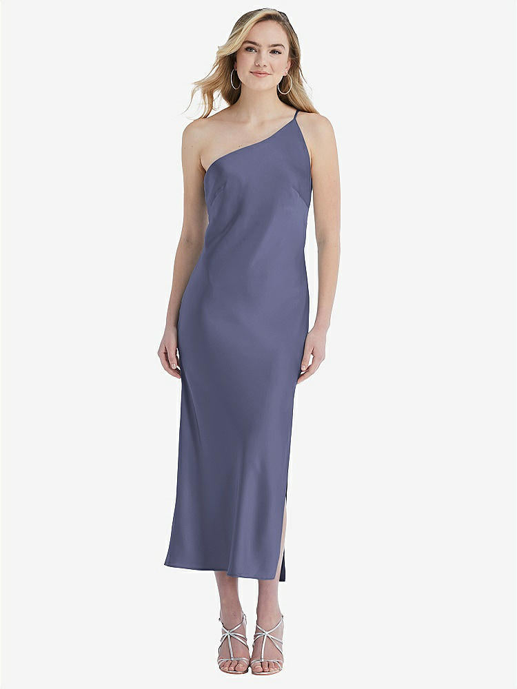 【STYLE: 8202】One-Shoulder Asymmetrical Midi Slip Dress【COLOR: French Blue】