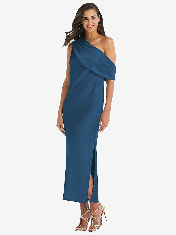 【STYLE: 8203】Draped One-Shoulder Convertible Midi Slip Dress【COLOR: Dusk Blue】