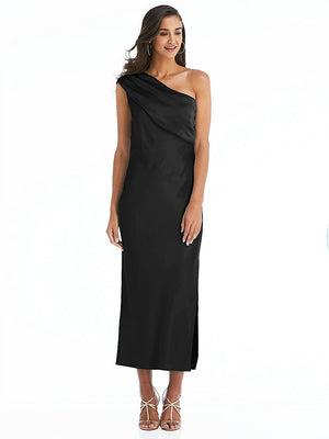 【STYLE: 8203】Draped One-Shoulder Convertible Midi Slip Dress【COLOR: Black】