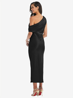 【STYLE: 8203】Draped One-Shoulder Convertible Midi Slip Dress【COLOR: Black】