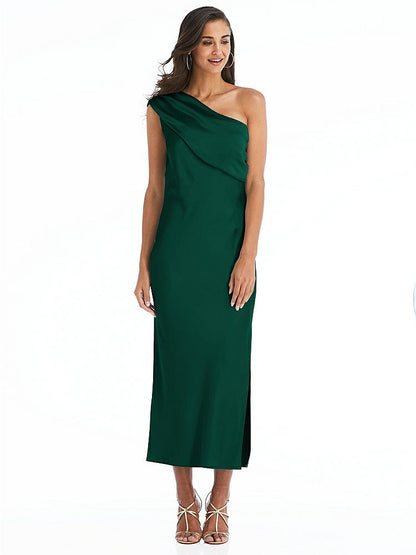 【STYLE: 8203】Draped One-Shoulder Convertible Midi Slip Dress【COLOR: Hunter Green】