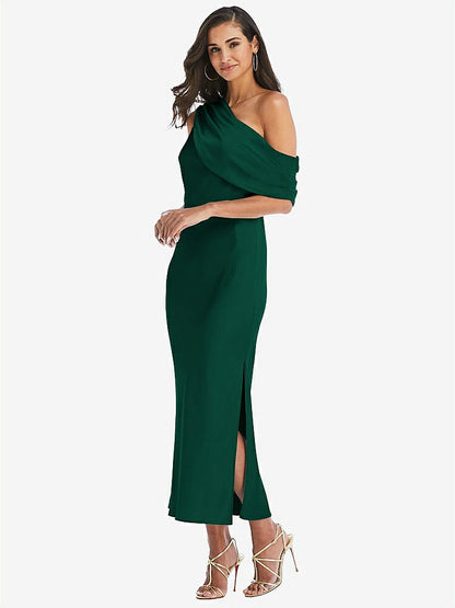 【STYLE: 8203】Draped One-Shoulder Convertible Midi Slip Dress【COLOR: Hunter Green】