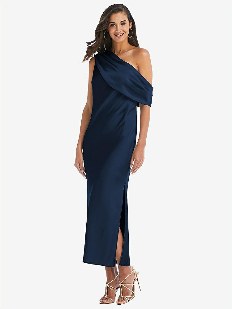 【STYLE: 8203】Draped One-Shoulder Convertible Midi Slip Dress【COLOR: Midnight Navy】