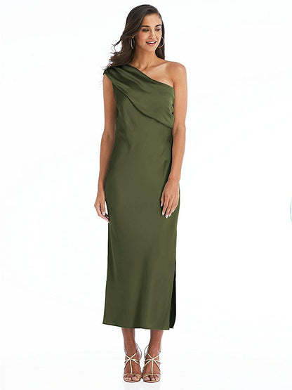 【STYLE: 8203】Draped One-Shoulder Convertible Midi Slip Dress【COLOR: Olive Green】