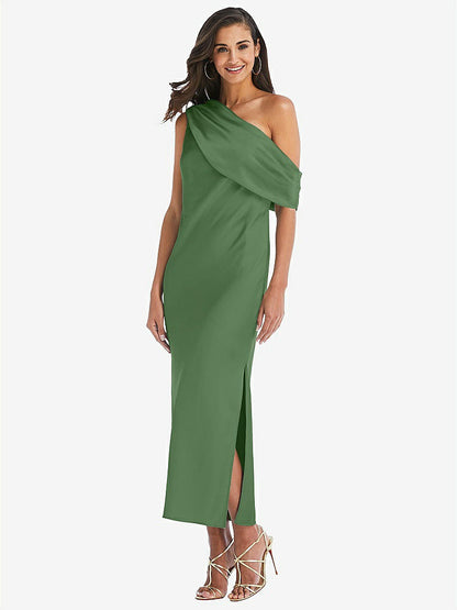 【STYLE: 8203】Draped One-Shoulder Convertible Midi Slip Dress【COLOR: Vineyard Green】