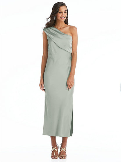 【STYLE: 8203】Draped One-Shoulder Convertible Midi Slip Dress【COLOR: Willow Green】