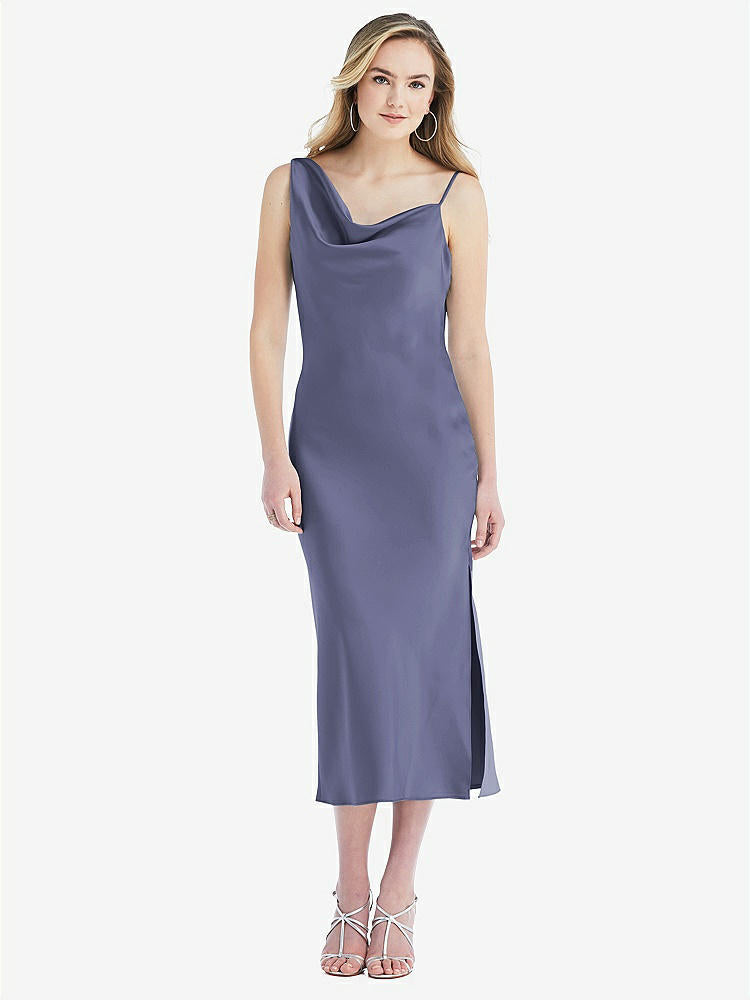 【STYLE: 8204】Asymmetrical One-Shoulder Cowl Midi Slip Dress【COLOR: French Blue】