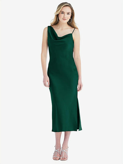 【STYLE: 8204】Asymmetrical One-Shoulder Cowl Midi Slip Dress【COLOR: Hunter Green】