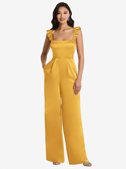 【NEW】【STYLE: 8206】フリル 袖 ネクタイバック ジャンプスーツ ポケット付き【COLOR: NYC Yellow】【SIZE: 00-30W】