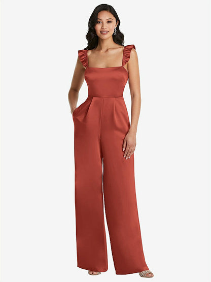 【STYLE: 8206】Ruffled Sleeve Tie-Back Jumpsuit with Pockets【COLOR: Amber Sunset】