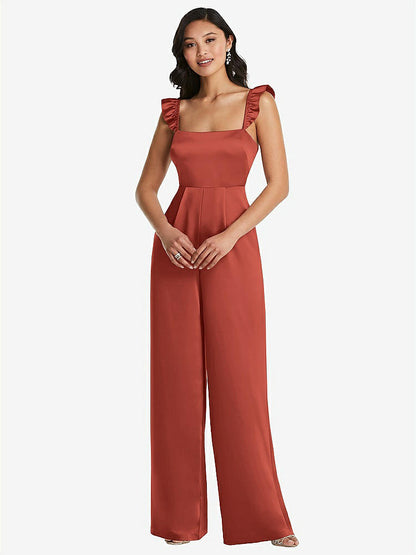 【STYLE: 8206】Ruffled Sleeve Tie-Back Jumpsuit with Pockets【COLOR: Amber Sunset】