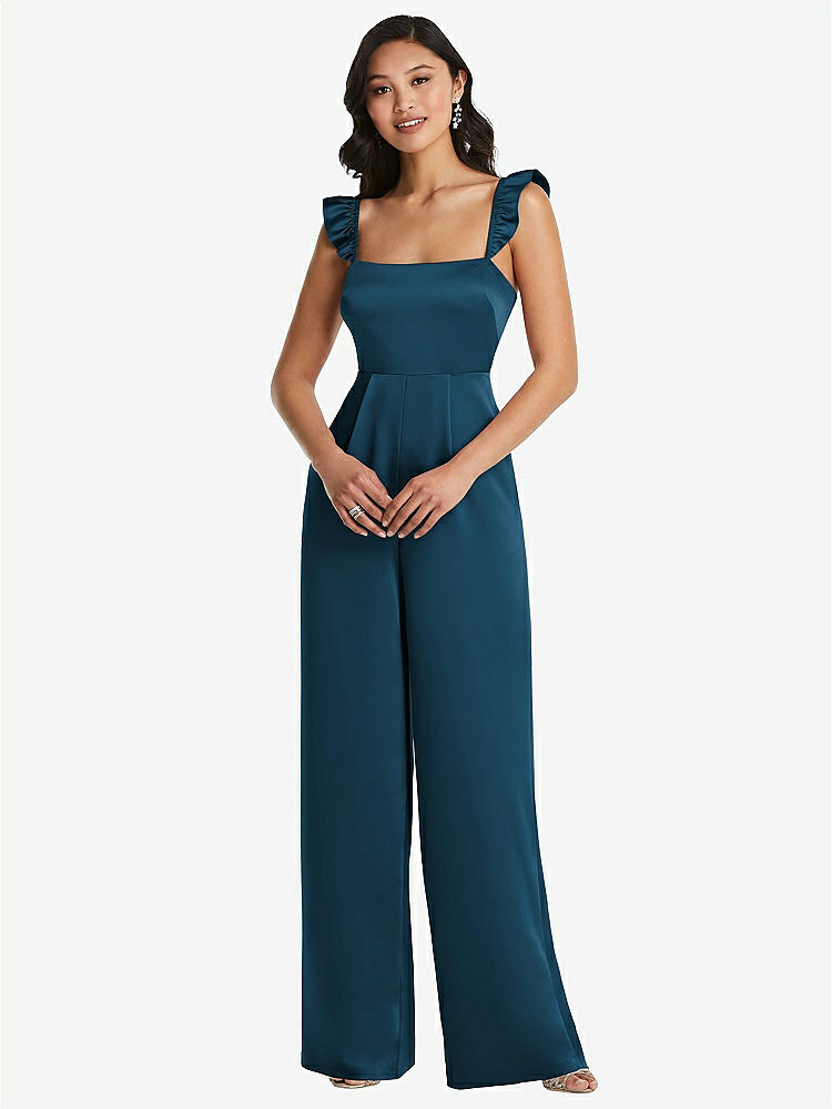 【STYLE: 8206】Ruffled Sleeve Tie-Back Jumpsuit with Pockets【COLOR: Atlantic Blue】