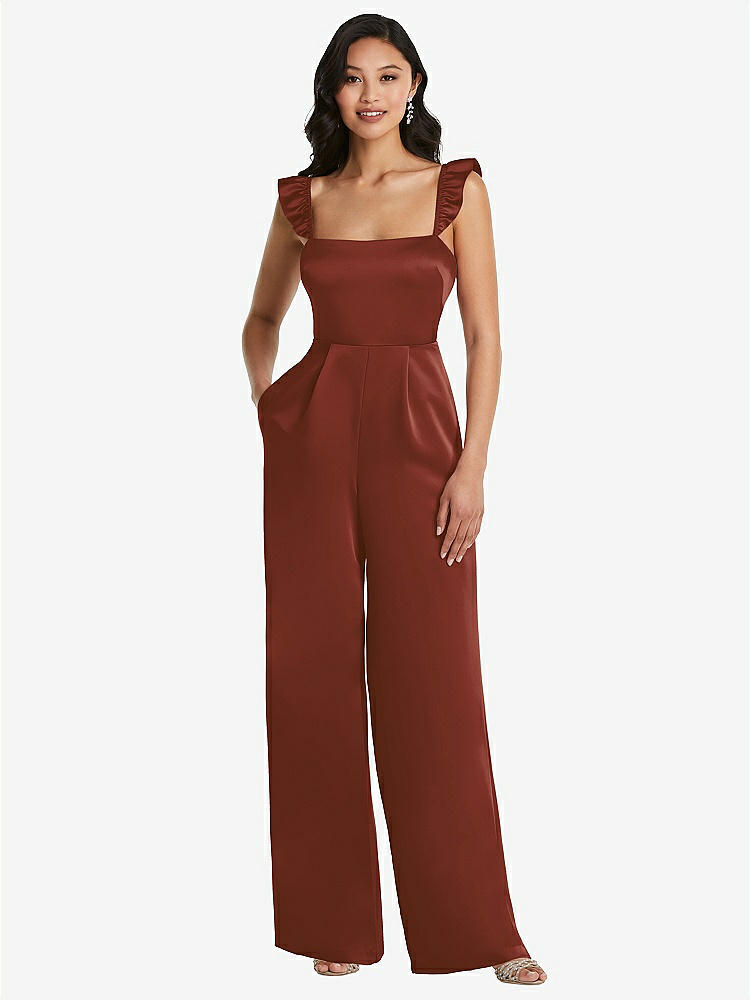 【STYLE: 8206】Ruffled Sleeve Tie-Back Jumpsuit with Pockets【COLOR: Auburn Moon】