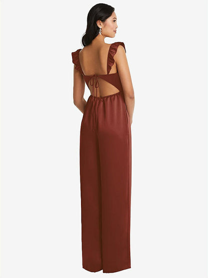 【STYLE: 8206】Ruffled Sleeve Tie-Back Jumpsuit with Pockets【COLOR: Auburn Moon】
