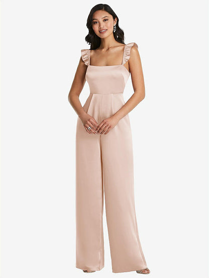 【STYLE: 8206】Ruffled Sleeve Tie-Back Jumpsuit with Pockets【COLOR: Cameo】