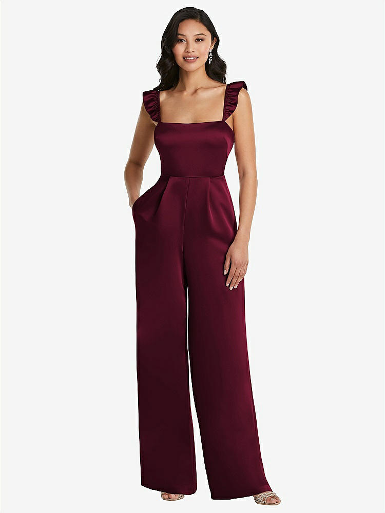 【STYLE: 8206】Ruffled Sleeve Tie-Back Jumpsuit with Pockets【COLOR: Cabernet】