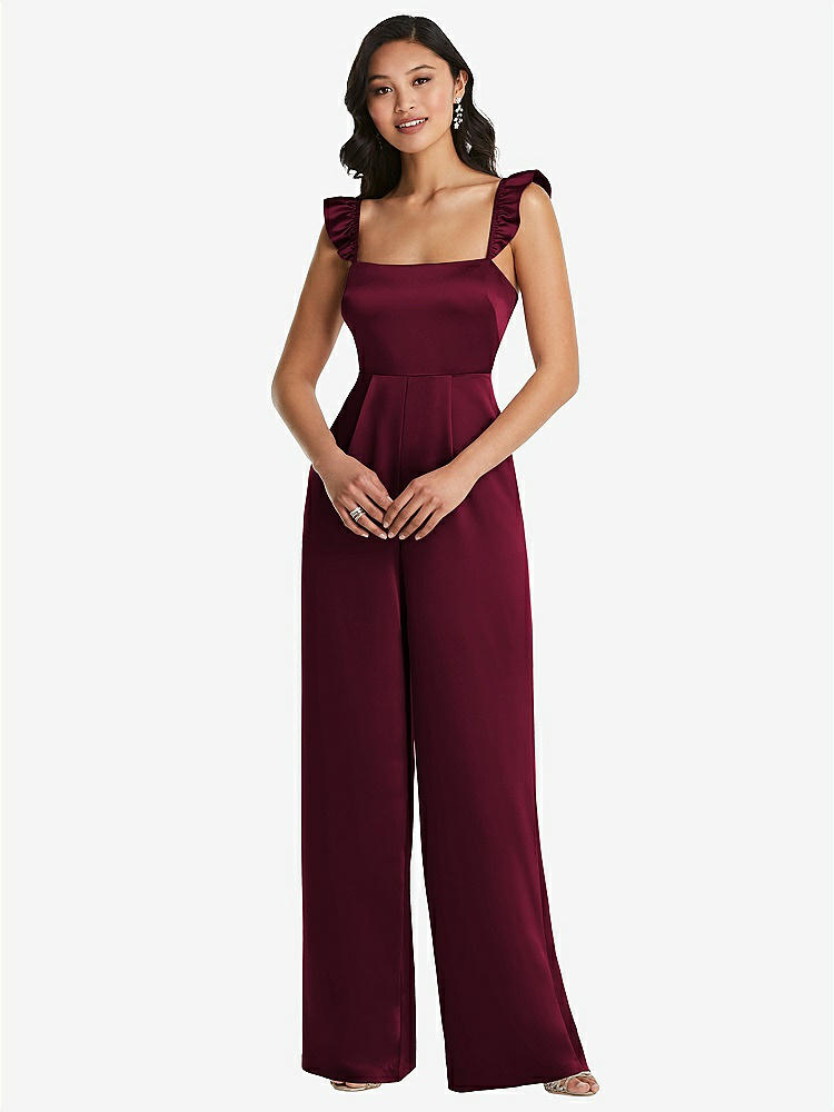 【STYLE: 8206】Ruffled Sleeve Tie-Back Jumpsuit with Pockets【COLOR: Cabernet】