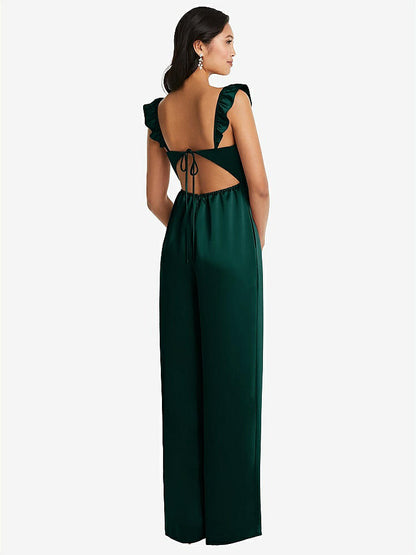 【NEW】【STYLE: 8206】フリル 袖 ネクタイバック ジャンプスーツ ポケット付き【COLOR: Evergreen】【SIZE: 00-30W】