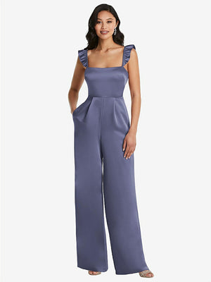 【NEW】【STYLE: 8206】フリル 袖 ネクタイバック ジャンプスーツ ポケット付き【COLOR: French Blue】【SIZE: 00-30W】