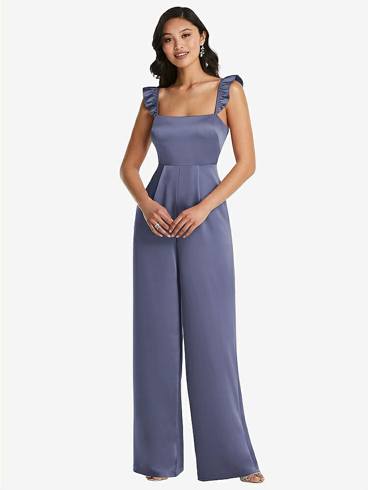 【NEW】【STYLE: 8206】フリル 袖 ネクタイバック ジャンプスーツ ポケット付き【COLOR: French Blue】【SIZE: 00-30W】