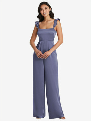 【NEW】【STYLE: 8206】フリル 袖 ネクタイバック ジャンプスーツ ポケット付き【COLOR: French Blue】【SIZE: 00-30W】