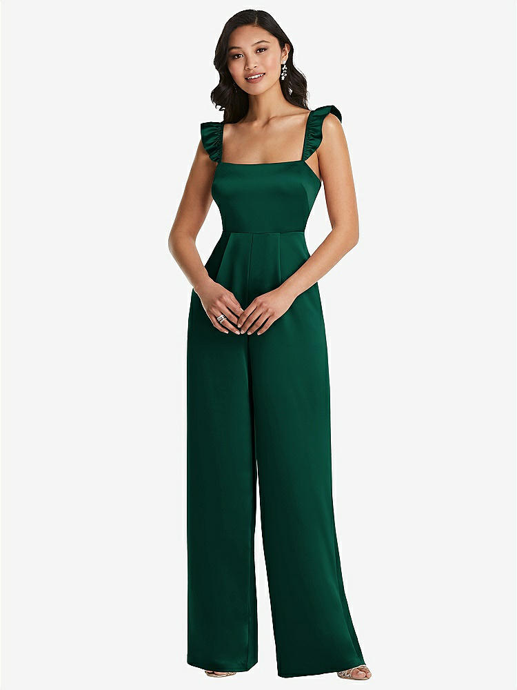 【STYLE: 8206】Ruffled Sleeve Tie-Back Jumpsuit with Pockets【COLOR: Hunter Green】