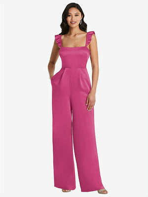 【NEW】【STYLE: 8206】フリル 袖 ネクタイバック ジャンプスーツ ポケット付き【COLOR: Tea Rose】【SIZE: 00-30W】