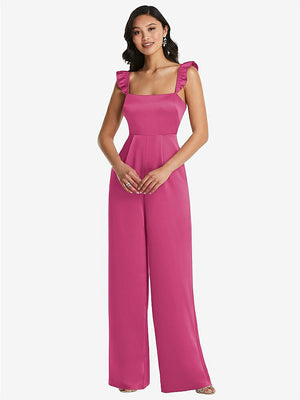 【NEW】【STYLE: 8206】フリル 袖 ネクタイバック ジャンプスーツ ポケット付き【COLOR: Tea Rose】【SIZE: 00-30W】