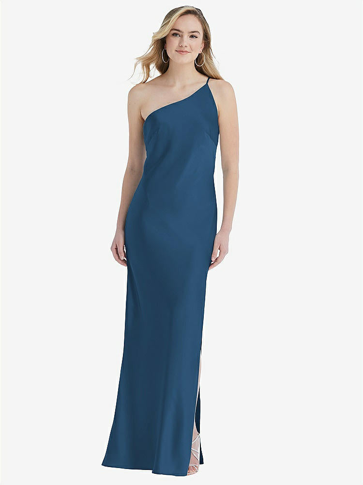 【STYLE: 8209】One-Shoulder Asymmetrical Maxi Slip Dress【COLOR: Dusk Blue】