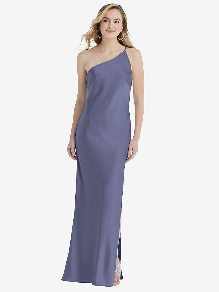 【STYLE: 8209】One-Shoulder Asymmetrical Maxi Slip Dress【COLOR: French Blue】