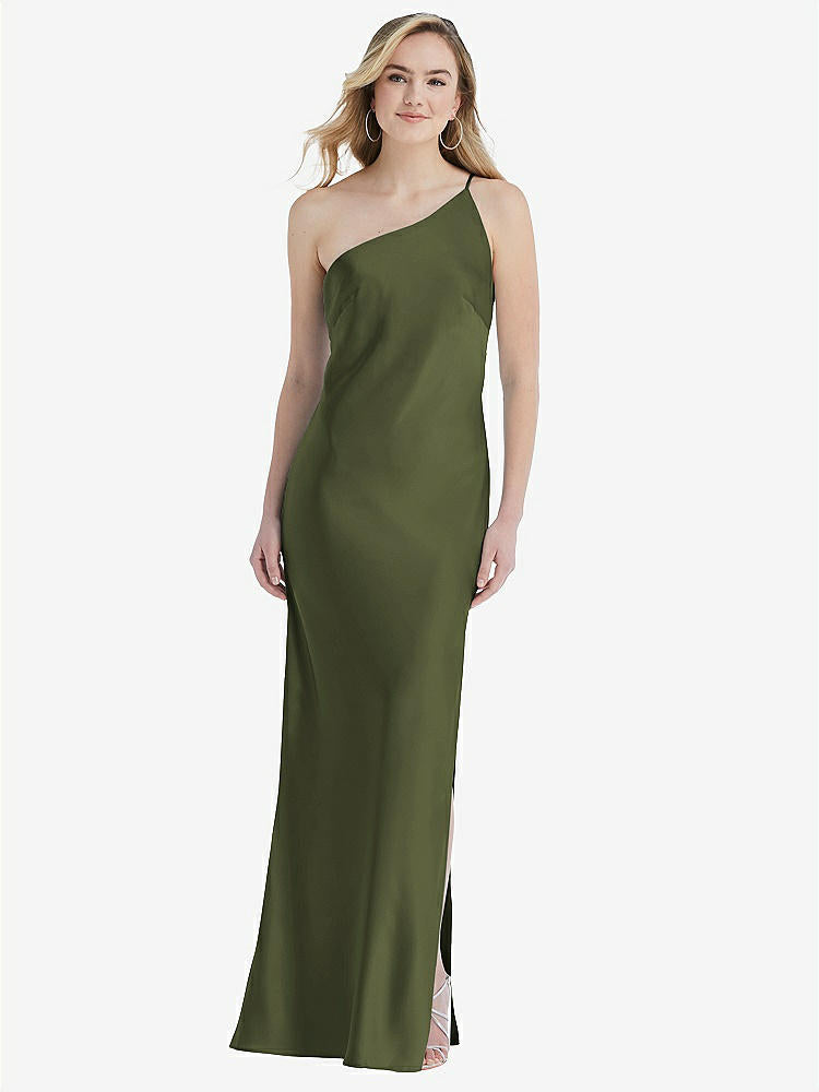 【STYLE: 8209】One-Shoulder Asymmetrical Maxi Slip Dress【COLOR: Olive Green】