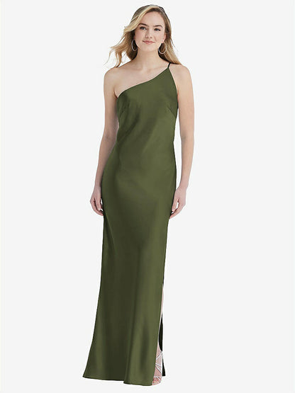 【STYLE: 8209】One-Shoulder Asymmetrical Maxi Slip Dress【COLOR: Olive Green】