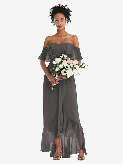 【STYLE: TH039】Off-the-Shoulder Ruffled High Low Maxi Dress【COLOR: Caviar Gray】