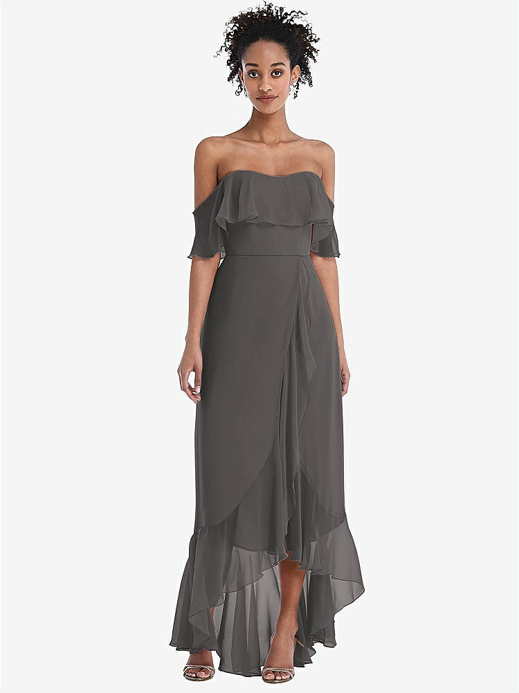 【STYLE: TH039】Off-the-Shoulder Ruffled High Low Maxi Dress【COLOR: Caviar Gray】