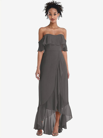 【STYLE: TH039】Off-the-Shoulder Ruffled High Low Maxi Dress【COLOR: Caviar Gray】