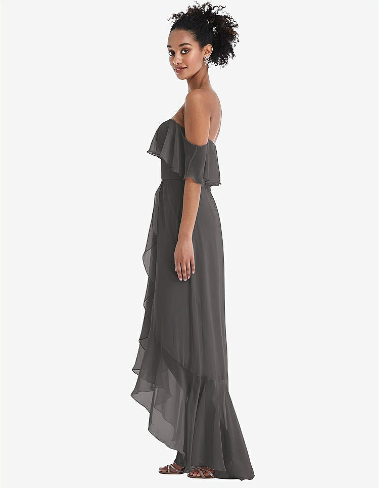 【STYLE: TH039】Off-the-Shoulder Ruffled High Low Maxi Dress【COLOR: Caviar Gray】