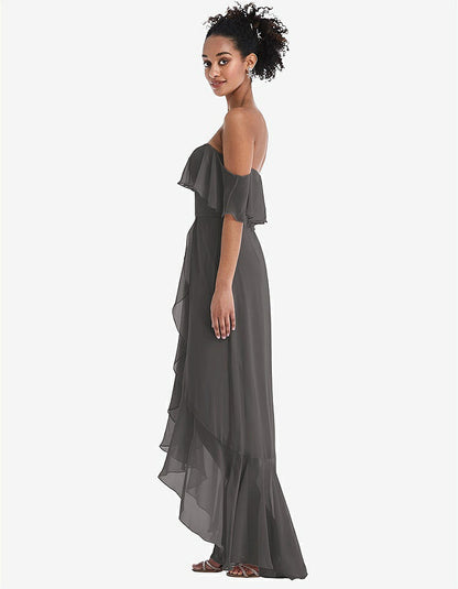 【STYLE: TH039】Off-the-Shoulder Ruffled High Low Maxi Dress【COLOR: Caviar Gray】