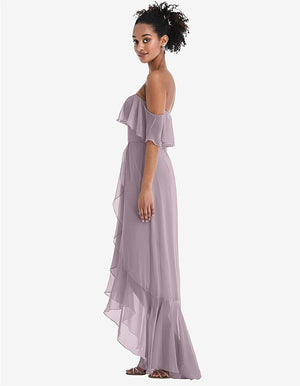 【STYLE: TH039】Off-the-Shoulder Ruffled High Low Maxi Dress【COLOR: Lilac Dusk】