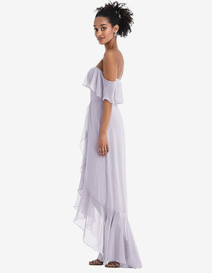 【STYLE: TH039】Off-the-Shoulder Ruffled High Low Maxi Dress【COLOR: Moondance】