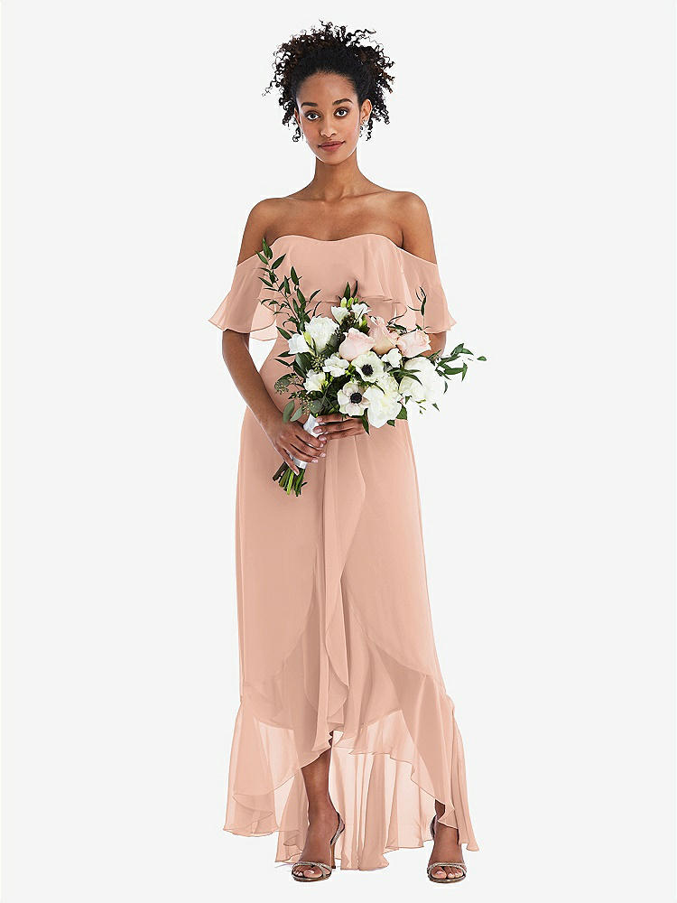 【STYLE: TH039】Off-the-Shoulder Ruffled High Low Maxi Dress【COLOR: Pale Peach】