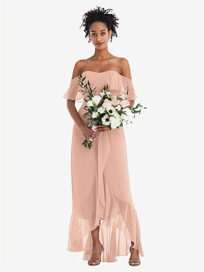 【STYLE: TH039】Off-the-Shoulder Ruffled High Low Maxi Dress【COLOR: Pale Peach】