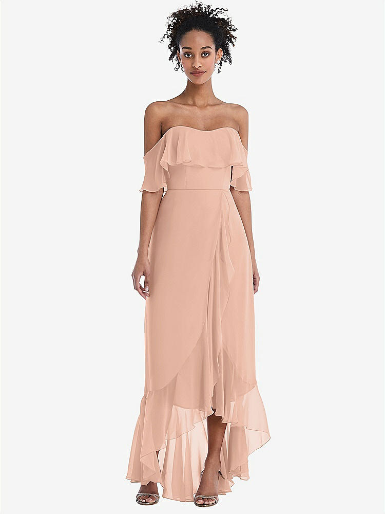 【STYLE: TH039】Off-the-Shoulder Ruffled High Low Maxi Dress【COLOR: Pale Peach】