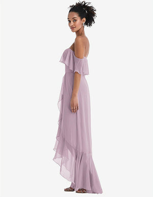 【STYLE: TH039】Off-the-Shoulder Ruffled High Low Maxi Dress【COLOR: Suede Rose】
